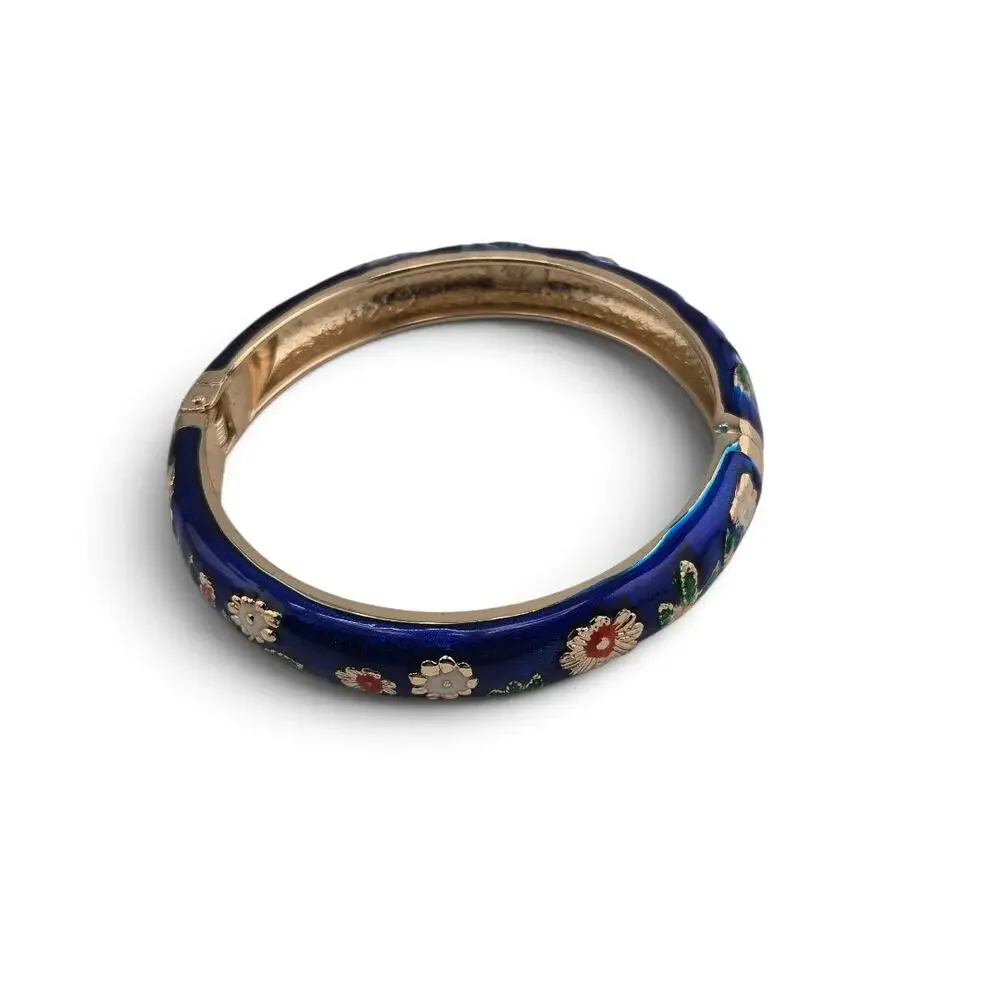 Jiu Long Xing Blue Enamel Floral Hinged Bangle Bracelet Gold Tone Signed